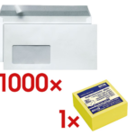 Bild von Briefumschläge, DIN lang 80 g/m² mit Fenster, haftklebend – 1000 Stück inkl. Haftnotizwürfel 50×50 mm »Mini« brilliantgelb