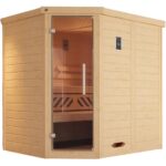 Bild von weka Premium Massivholz Elementsauna KEMI Eck Sparset, mit 7,5 kW BioS Ofen, 195×195 cm,Glastür