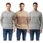Bild von Stylischer ESPRIT Herren Strick-Pullover mit Streifen Rundhals-Sweater Baumwoll-Pullover in Grau/Dunkelgrau, Beige/Bordeaux oder Grau/Grün – männlich – Size: S