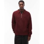 Bild von ASOS DESIGN – Kastiger Oversize-Strickpullover aus schwerem Wollmix in Burgunderrot mit kurzem Reißverschluss Rot M